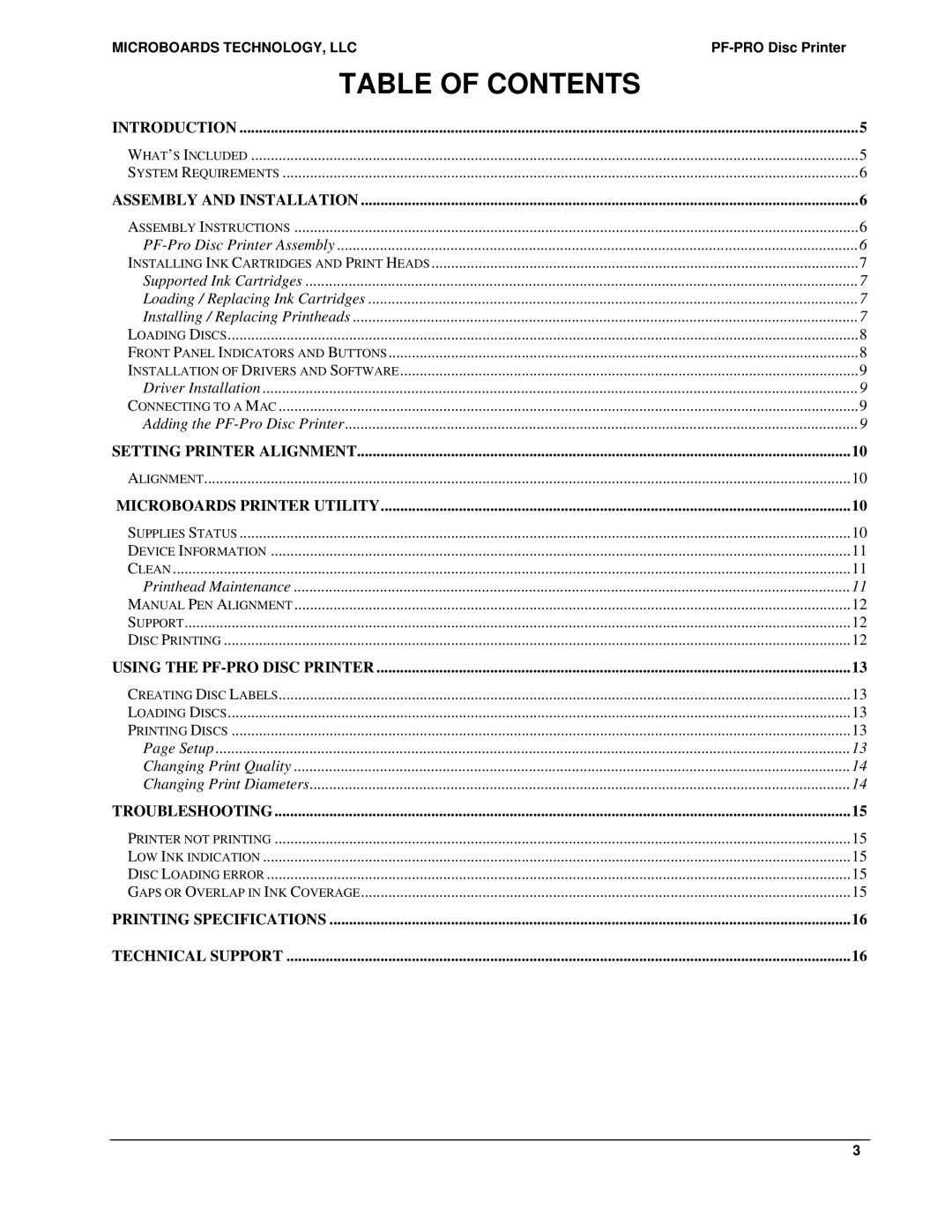 MicroBoards Technology PF-Pro Disc Printer user manual Table of Contents 