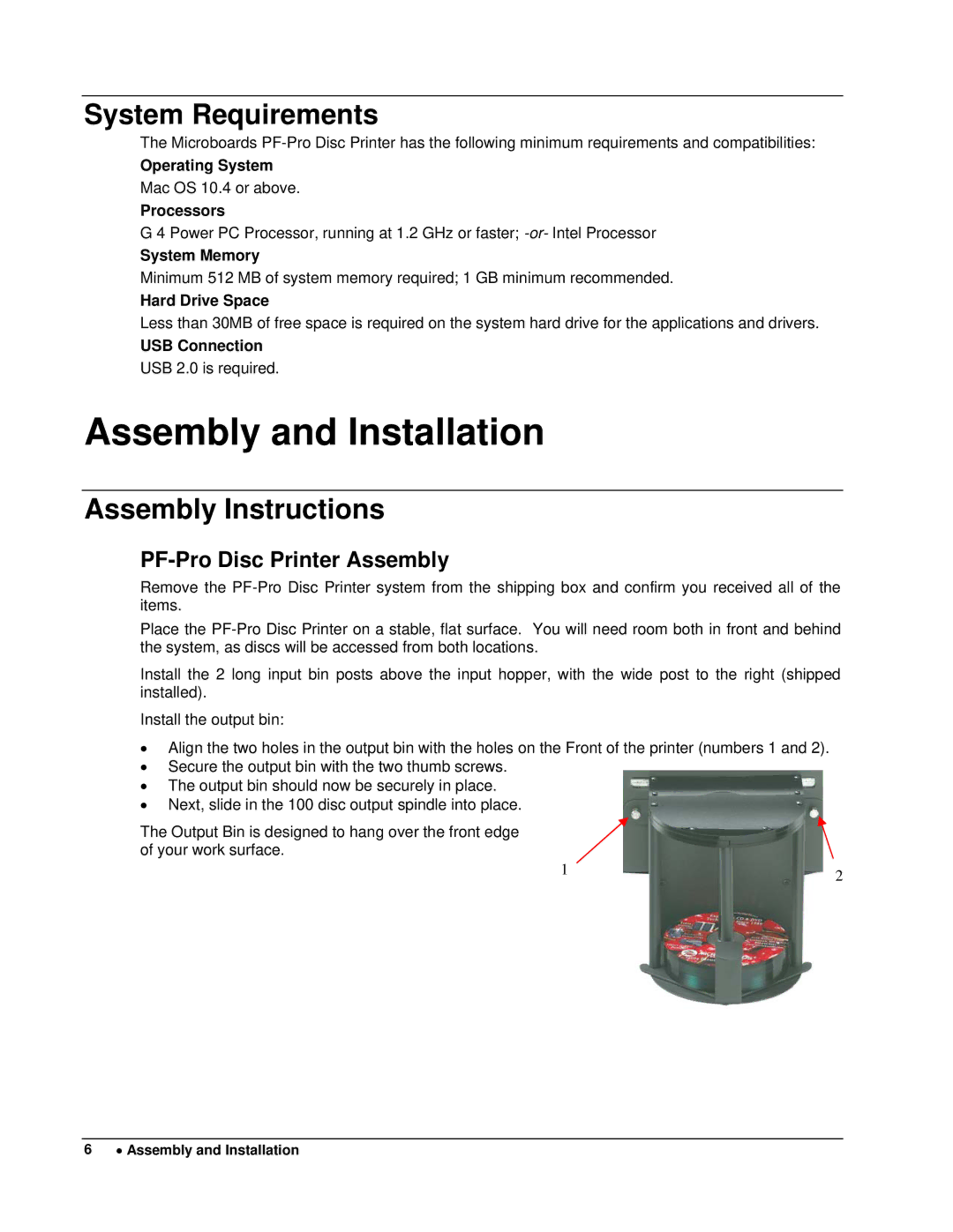 MicroBoards Technology PF-Pro Disc Printer Assembly and Installation, System Requirements, Assembly Instructions 