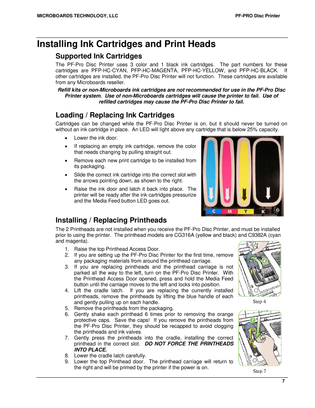 MicroBoards Technology PF-Pro Disc Printer user manual Installing Ink Cartridges and Print Heads, Supported Ink Cartridges 