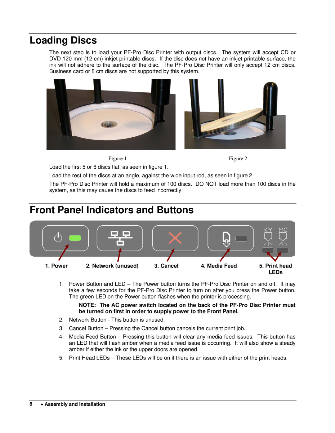 MicroBoards Technology PF-Pro Disc Printer user manual Loading Discs, Front Panel Indicators and Buttons, LEDs 