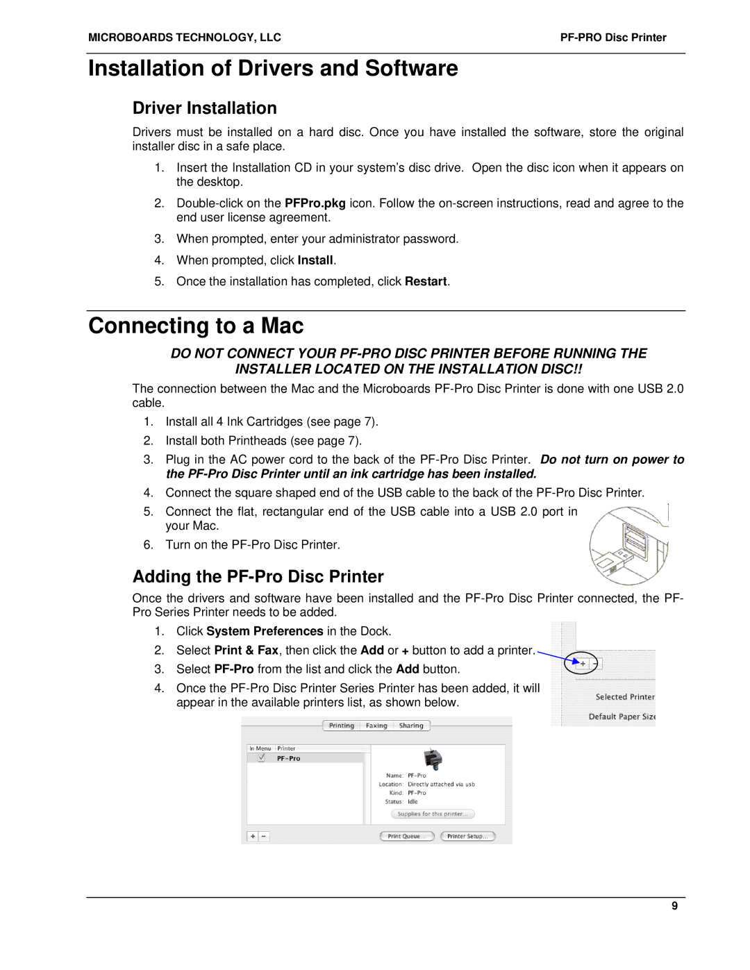 MicroBoards Technology PF-Pro Disc Printer Installation of Drivers and Software, Connecting to a Mac, Driver Installation 