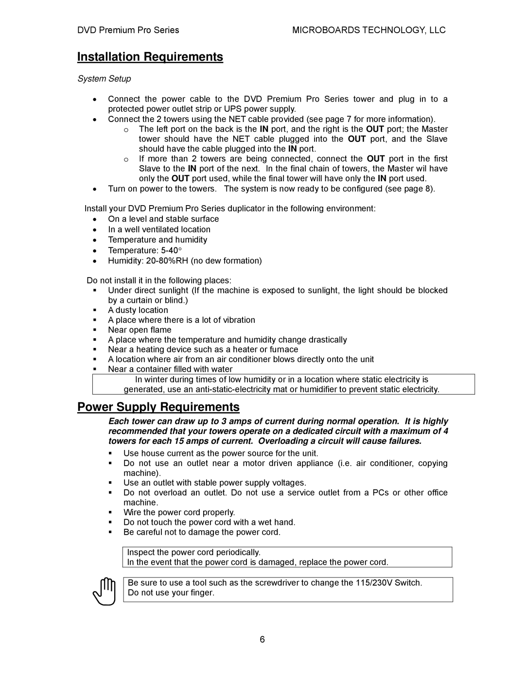 MicroBoards Technology Premium Pro user manual Installation Requirements, Power Supply Requirements 