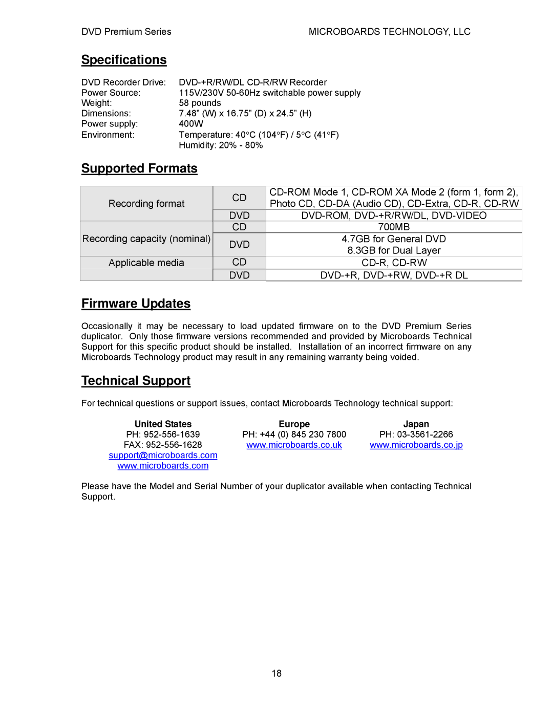 MicroBoards Technology Premium Series user manual Specifications, Supported Formats, Firmware Updates, Technical Support 