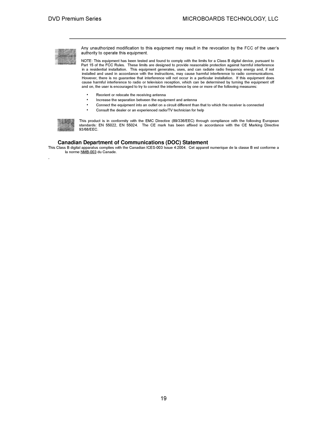 MicroBoards Technology Premium Series user manual Canadian Department of Communications DOC Statement 