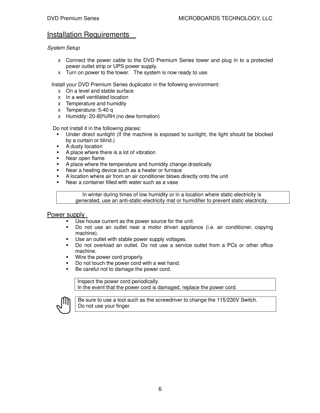 MicroBoards Technology Premium Series user manual Installation Requirements, System Setup 