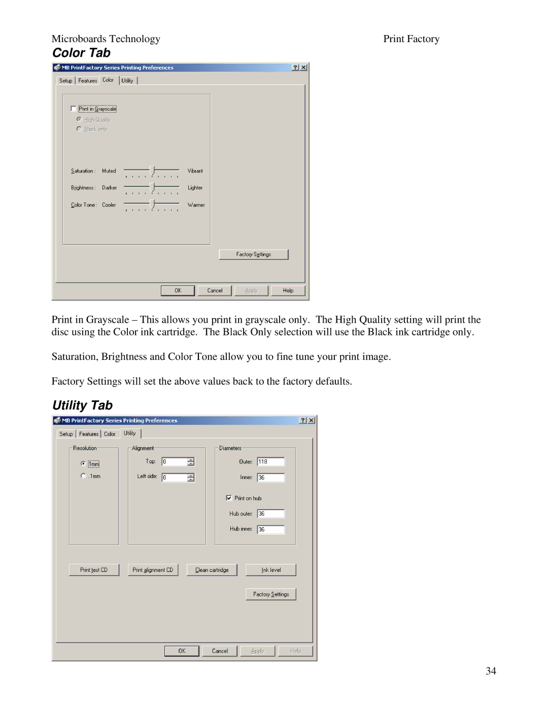 MicroBoards Technology Print Factory user manual Color Tab, Utility Tab 