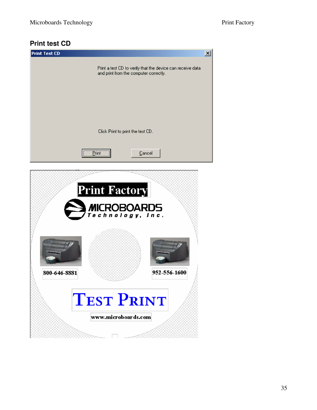 MicroBoards Technology Print Factory user manual Print test CD 