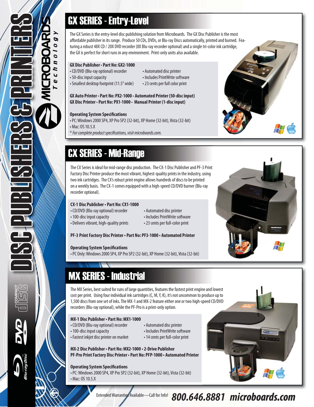 MicroBoards Technology PFP-1000, PX1-1000 manual Printers, Disc Publishers, GX SERIES - Entry-Level, CX SERIES - Mid-Range 