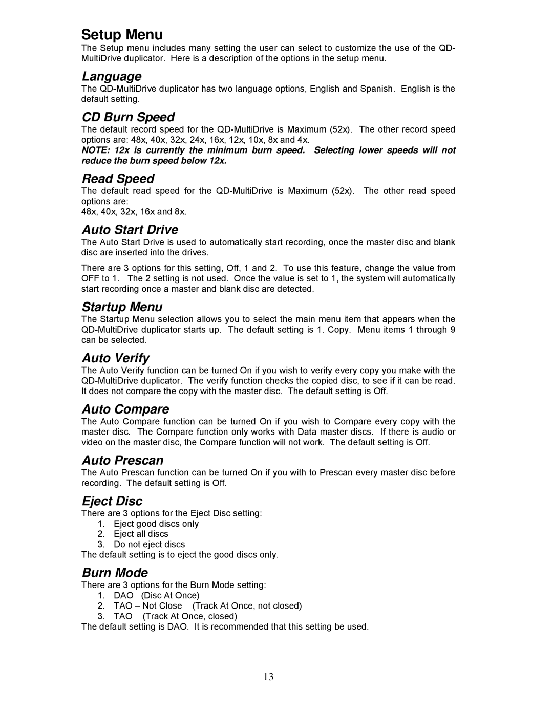 MicroBoards Technology QD-127, QD-125, QD-123, QD-MultiDrive user manual Setup Menu 