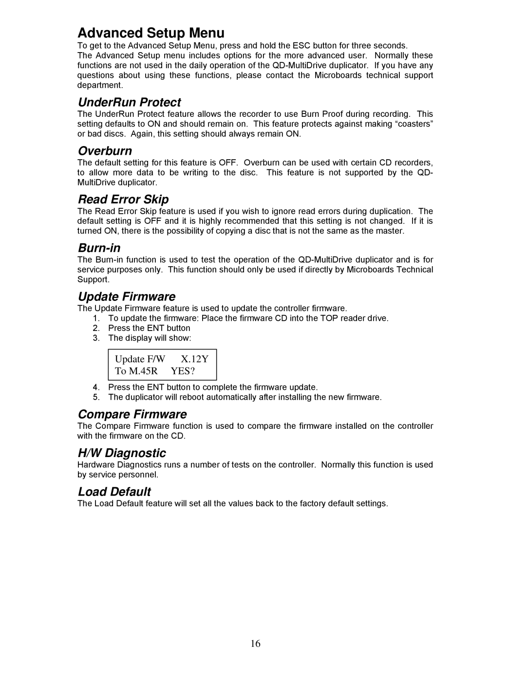 MicroBoards Technology QD-125, QD-127, QD-123, QD-MultiDrive user manual Advanced Setup Menu 