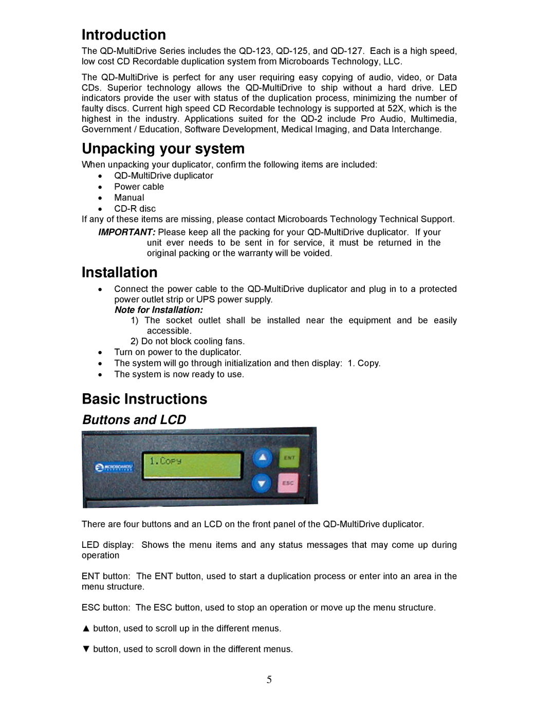 MicroBoards Technology QD-127 Introduction, Unpacking your system, Installation, Basic Instructions, Buttons and LCD 