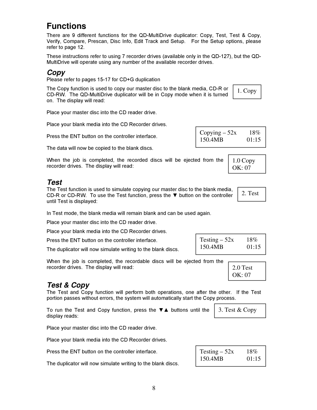 MicroBoards Technology QD-125, QD-127, QD-123, QD-MultiDrive user manual Functions, Test & Copy 