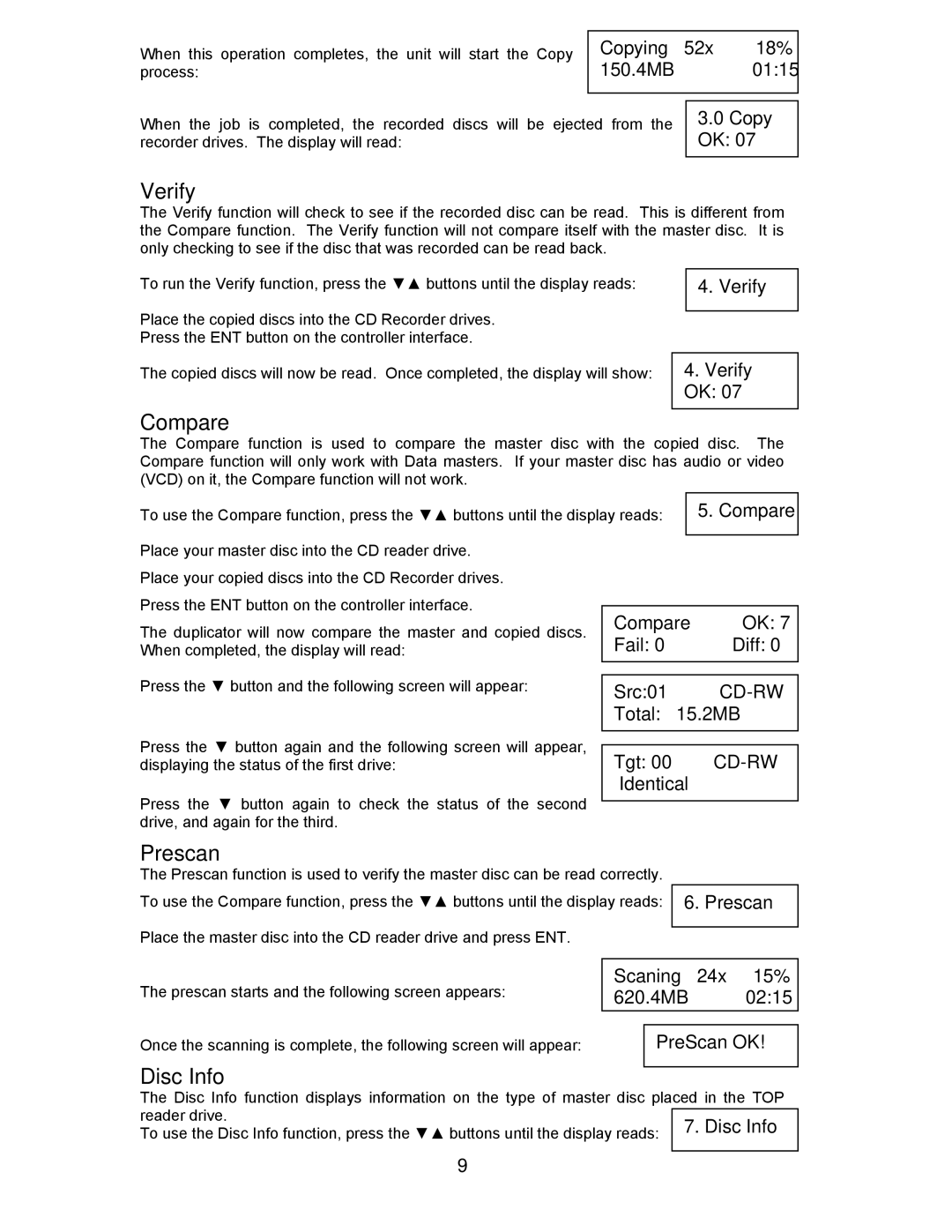 MicroBoards Technology QD-127, QD-125, QD-123, QD-MultiDrive user manual Verify, Compare, Prescan, Disc Info 