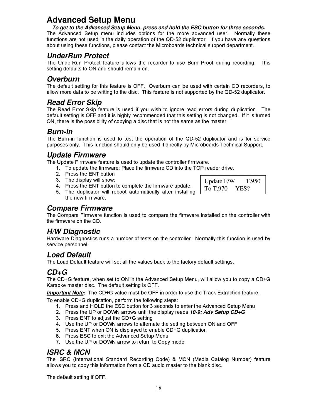 MicroBoards Technology QD-2, QD-52 user manual Advanced Setup Menu 