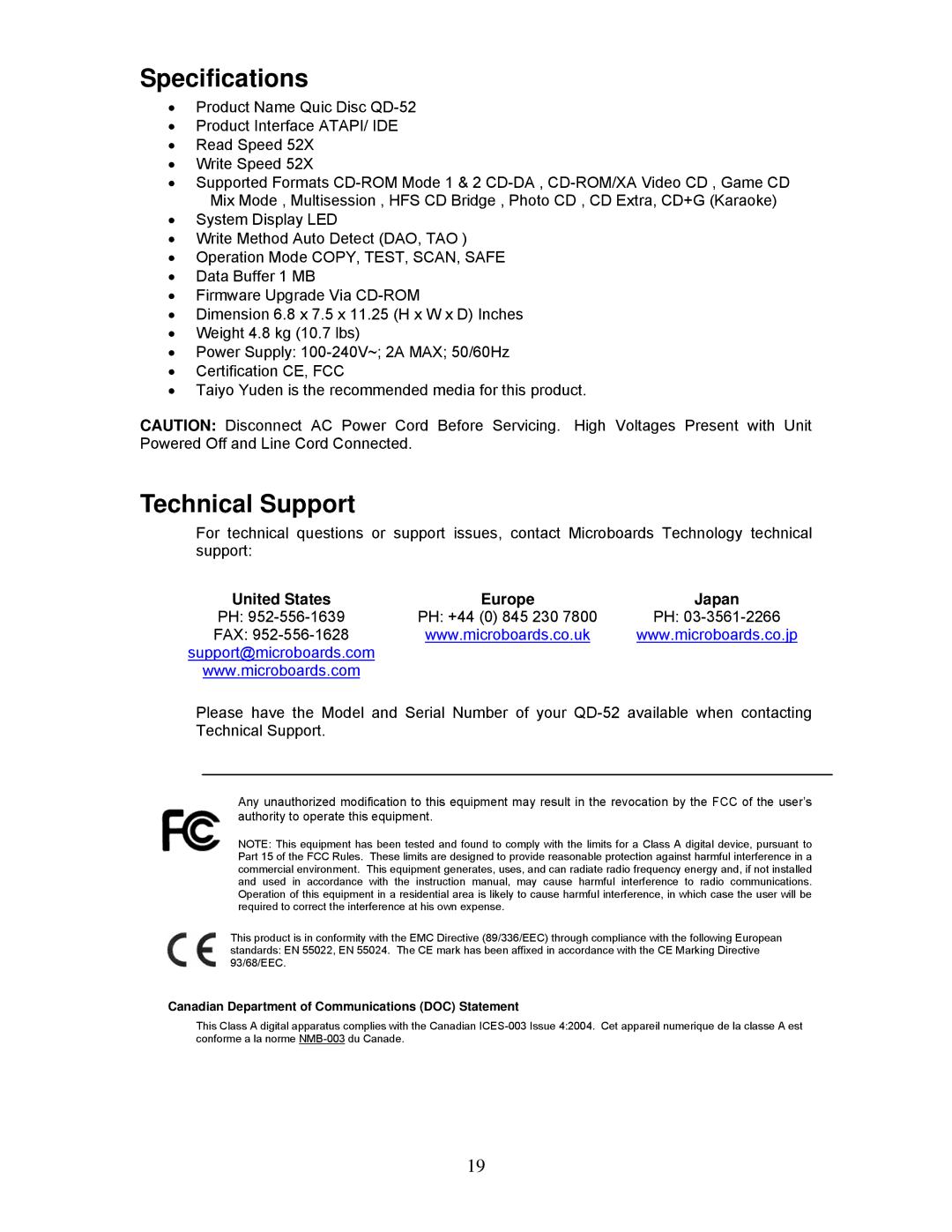 MicroBoards Technology QD-52, QD-2 user manual Specifications, Technical Support 