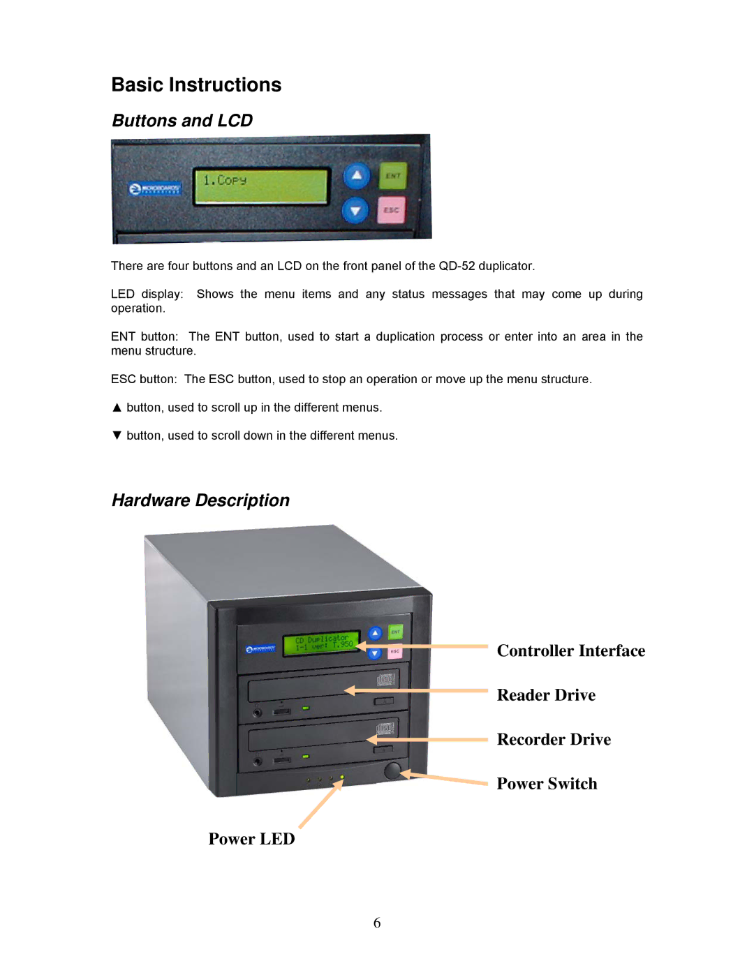 MicroBoards Technology QD-2, QD-52 user manual Basic Instructions, Buttons and LCD, Hardware Description 