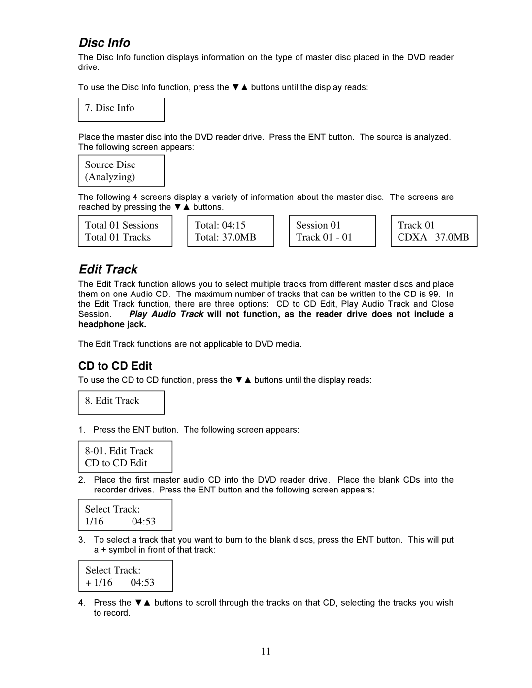 MicroBoards Technology QD-DVD 127, QD-DVD 123, QD-DVD 125 user manual Disc Info, Edit Track 