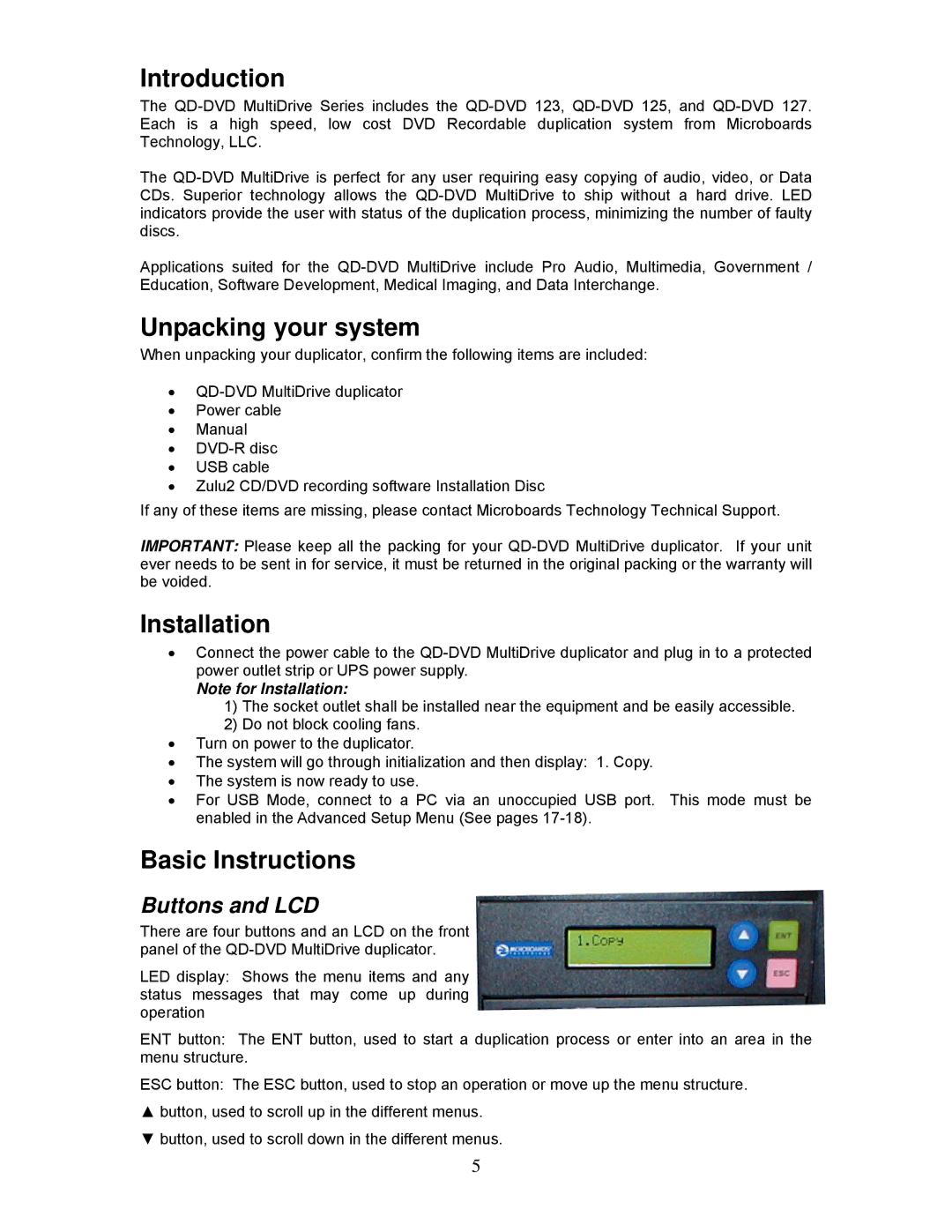 MicroBoards Technology QD-DVD 127 Introduction, Unpacking your system, Installation, Basic Instructions, Buttons and LCD 