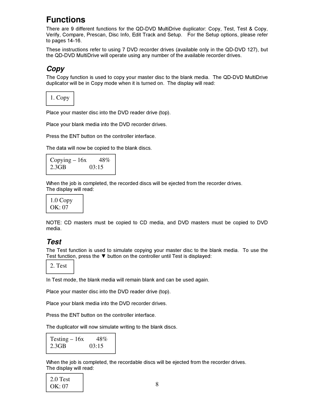 MicroBoards Technology QD-DVD 127, QD-DVD 123, QD-DVD 125 user manual Functions, Copy, Test 