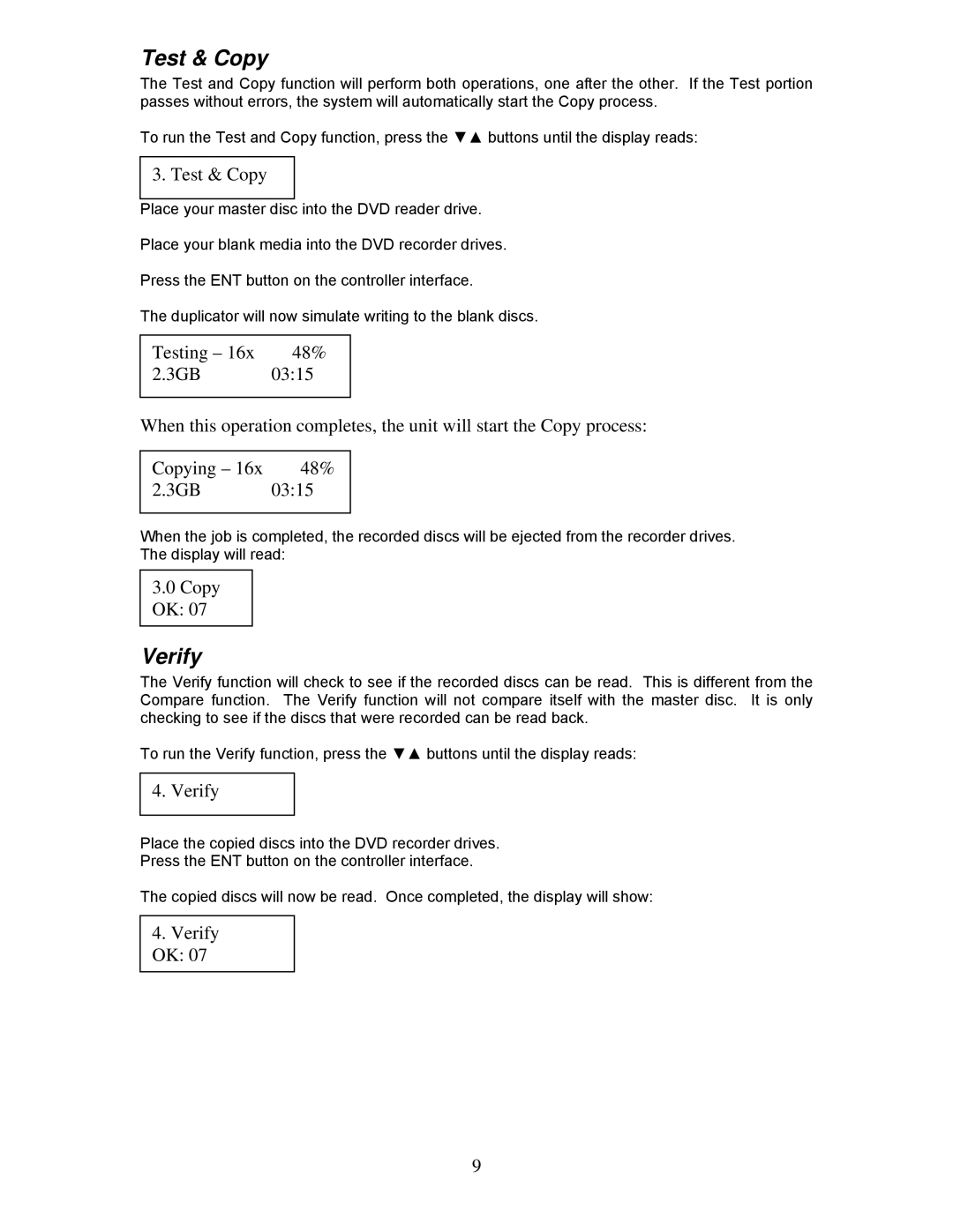 MicroBoards Technology QD-DVD 123, QD-DVD 125, QD-DVD 127 user manual Test & Copy, Verify OK 