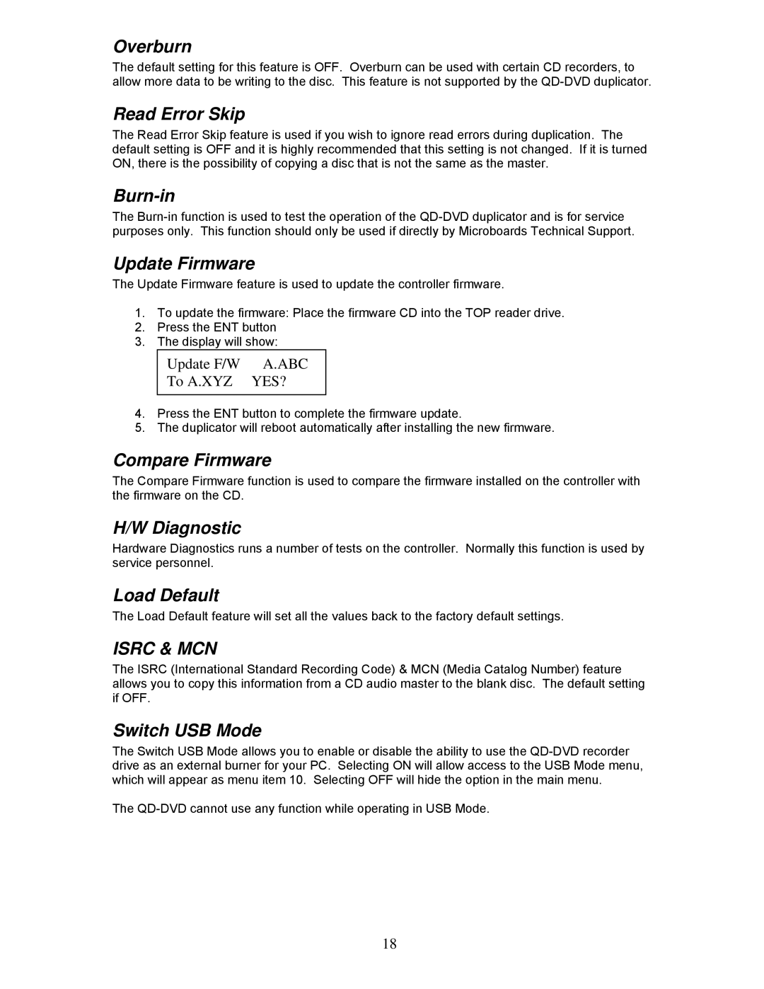 MicroBoards Technology QD-DVD user manual Overburn, Read Error Skip, Burn-in, Update Firmware, Compare Firmware, Diagnostic 