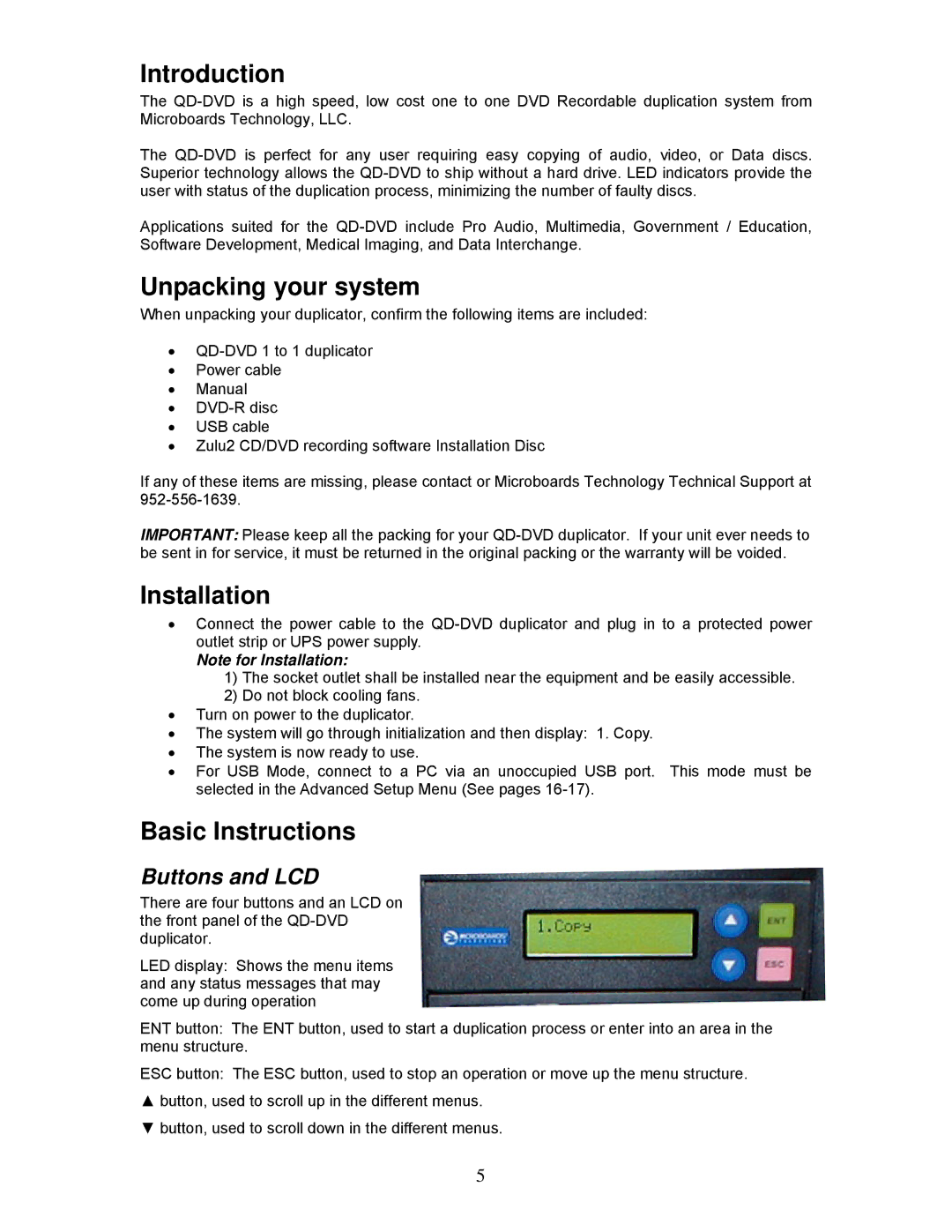 MicroBoards Technology QD-DVD Introduction, Unpacking your system, Installation, Basic Instructions, Buttons and LCD 