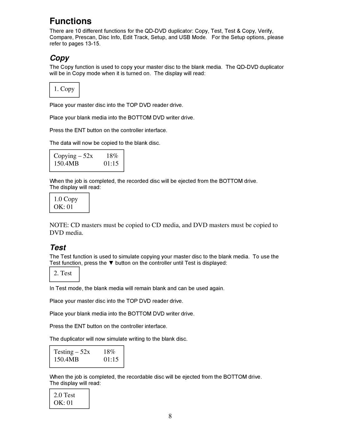 MicroBoards Technology QD-DVD user manual Functions, Copy, Test 