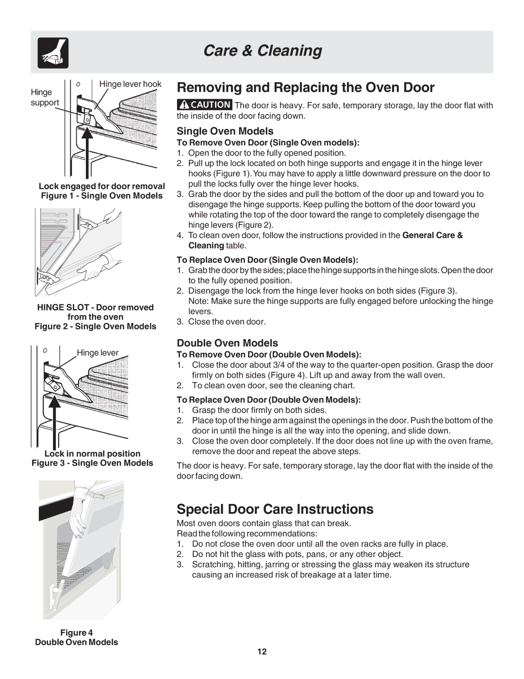 MicroFridge FGB24L2EC manual Removing and Replacing the Oven Door, Special Door Care Instructions 