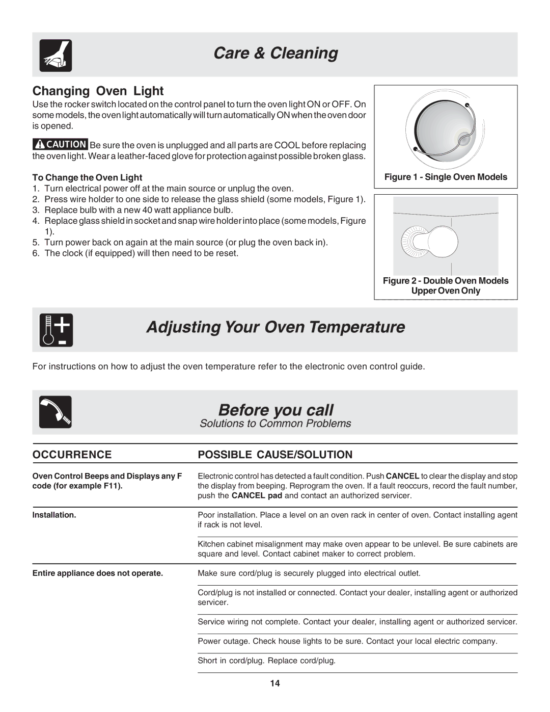 MicroFridge FGB24L2EC manual Adjusting Your Oven Temperature, Before you call, To Change the Oven Light 