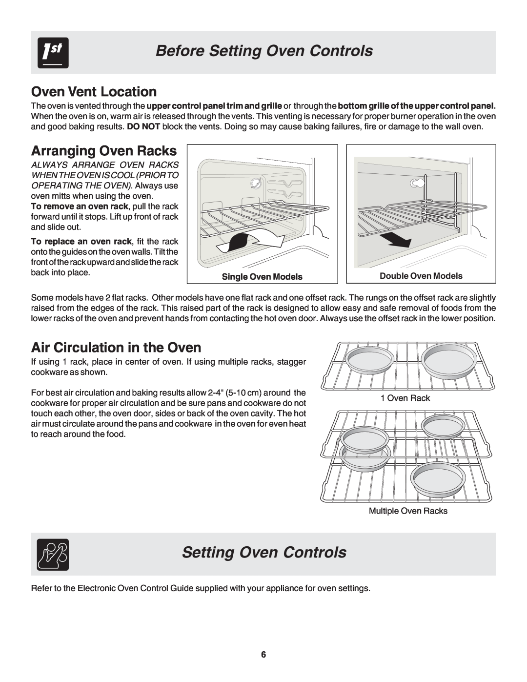 MicroFridge FGB24L2EC manual Setting Oven Controls, Oven Vent Location, Arranging Oven Racks, Air Circulation in the Oven 