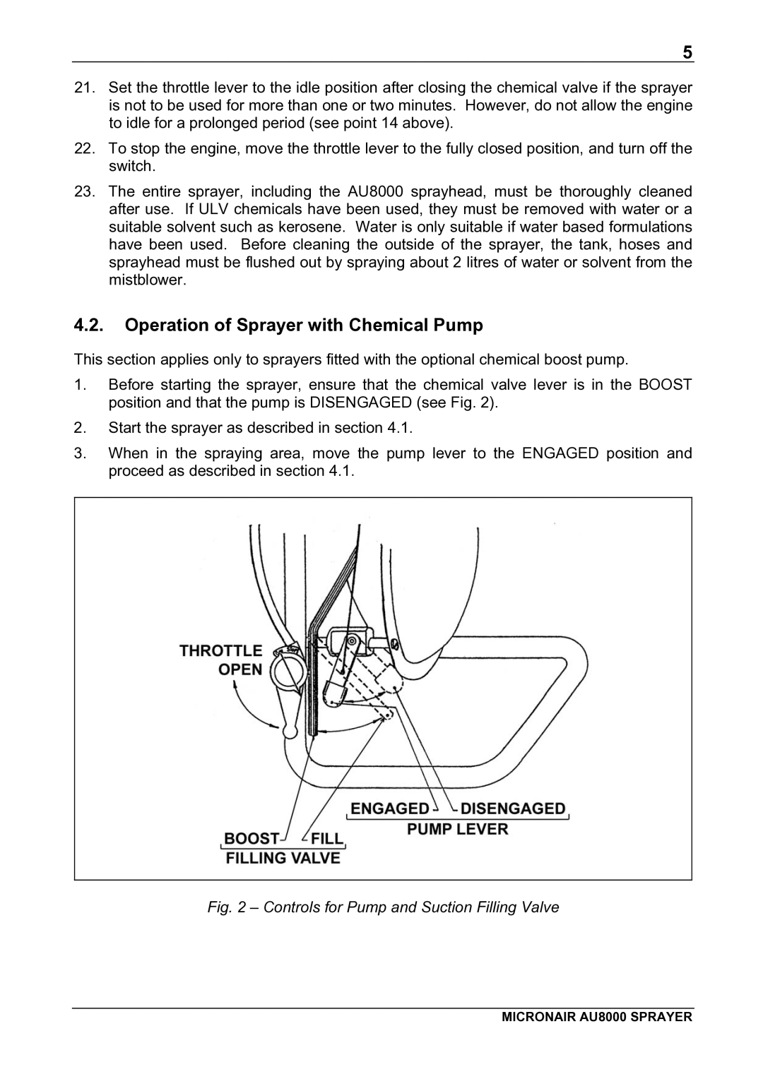 Micron Technology AU8000 manual Operation of Sprayer with Chemical Pump, Controls for Pump and Suction Filling Valve 