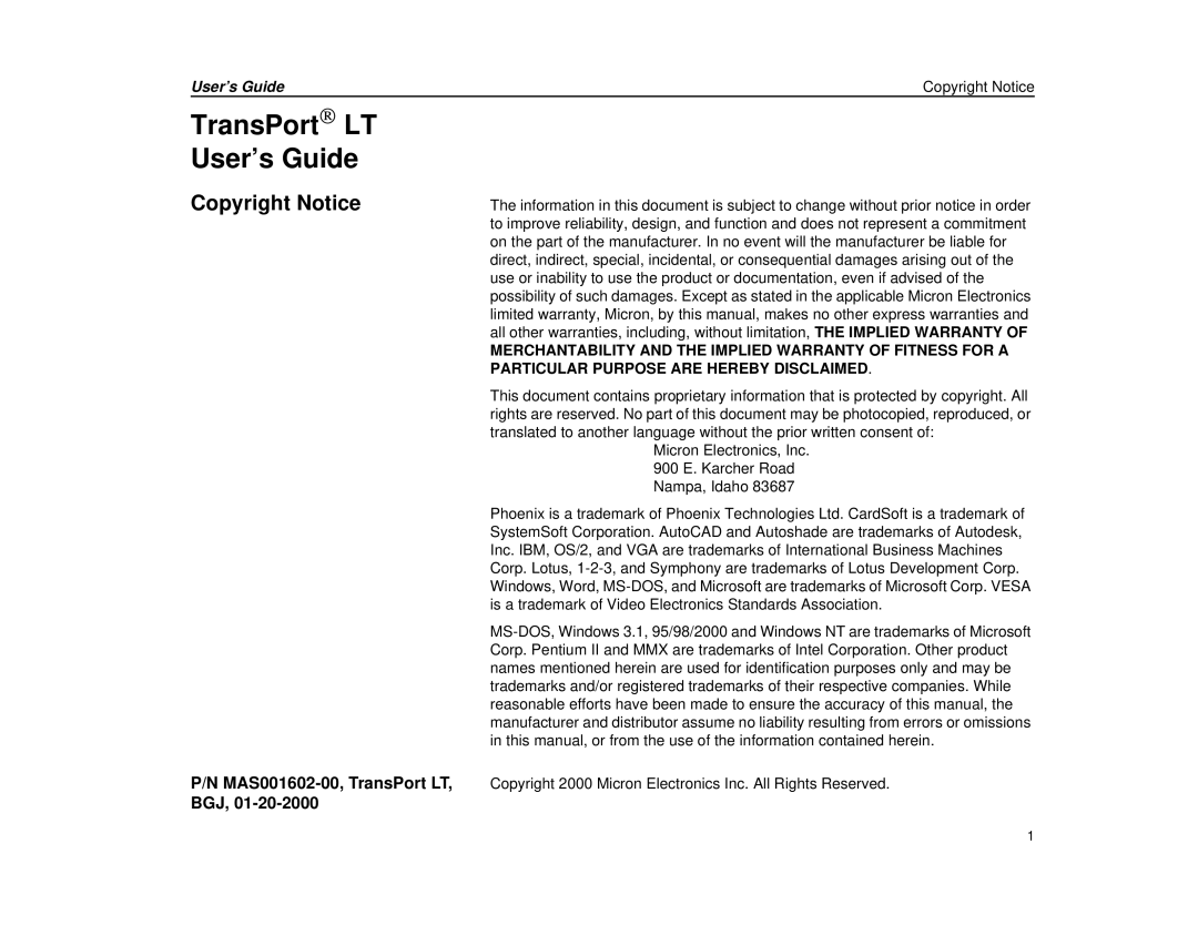 Micron Technology Transport LT warranty TransPort LT User’s Guide, Bgj, User’s Guide Copyright Notice 