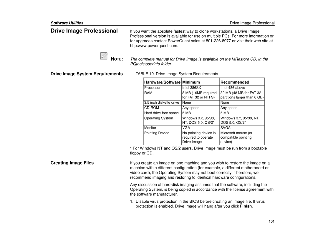 Micron Technology Transport LT warranty Creating Image Files, Software Utilities Drive Image Professional 