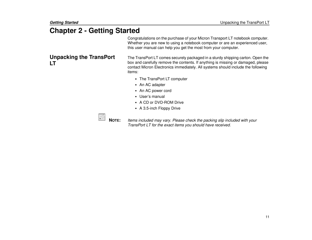 Micron Technology Transport LT warranty Getting Started Unpacking the TransPort LT 