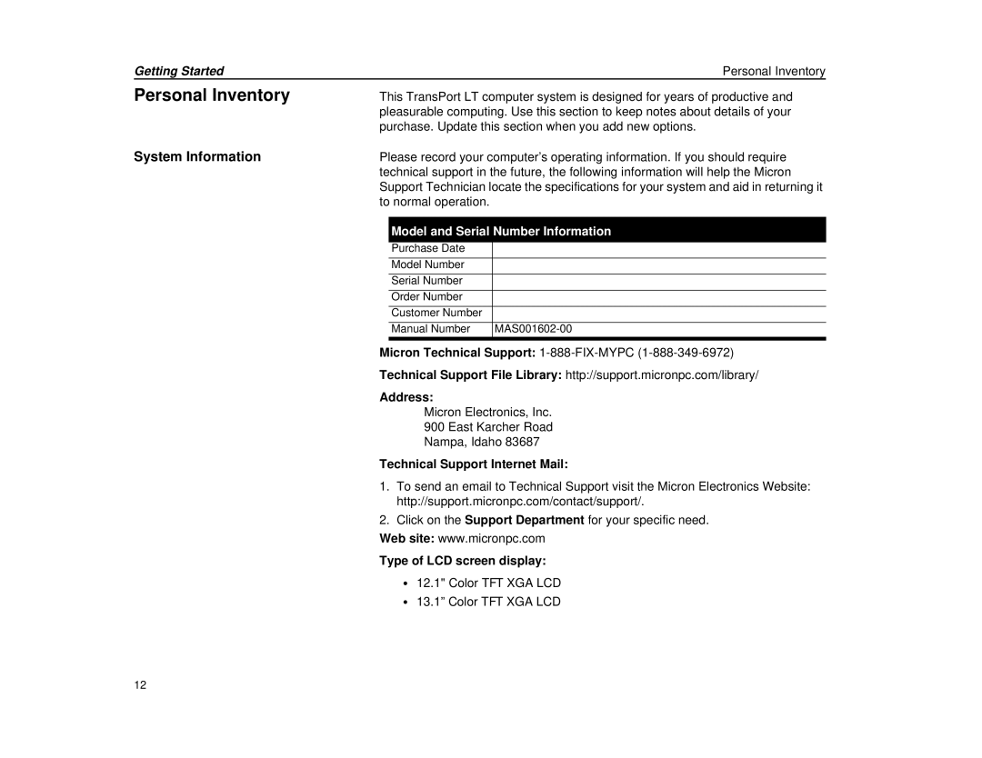 Micron Technology Transport LT warranty System Information, Getting Started Personal Inventory, Address 