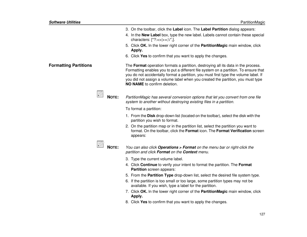 Micron Technology Transport LT warranty Formatting Partitions, Software Utilities PartitionMagic 