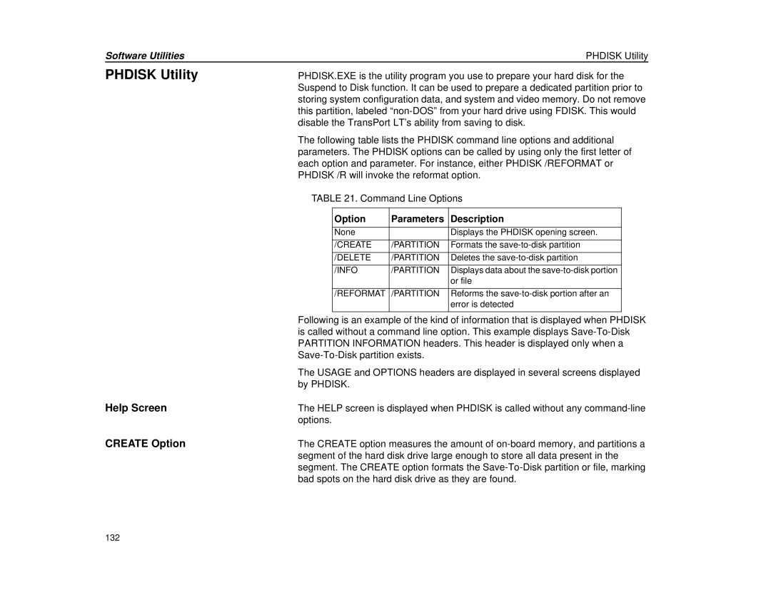 Micron Technology Transport LT warranty Help Screen, Create Option, Software Utilities Phdisk Utility 