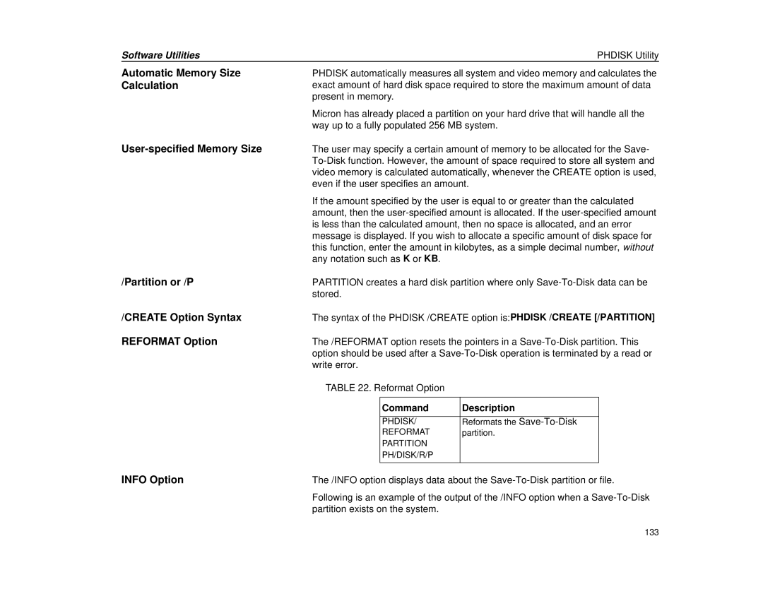 Micron Technology Transport LT warranty Automatic Memory Size, Calculation, User-specified Memory Size, Partition or /P 