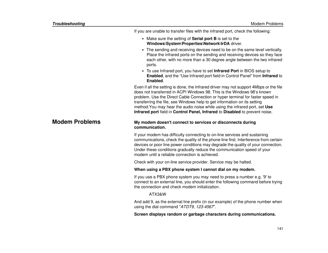 Micron Technology Transport LT Troubleshooting Modem Problems, When using a PBX phone system I cannot dial on my modem 