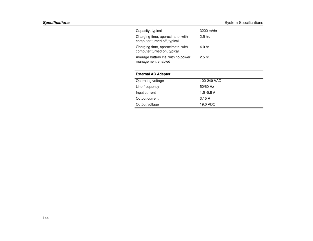 Micron Technology Transport LT warranty Specifications, External AC Adapter 