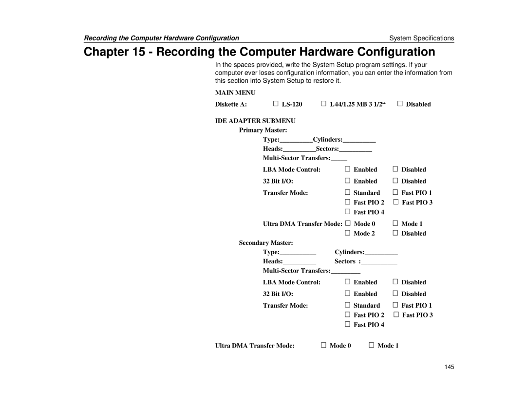 Micron Technology Transport LT warranty Recording the Computer Hardware Configuration, IDE Adapter Submenu 