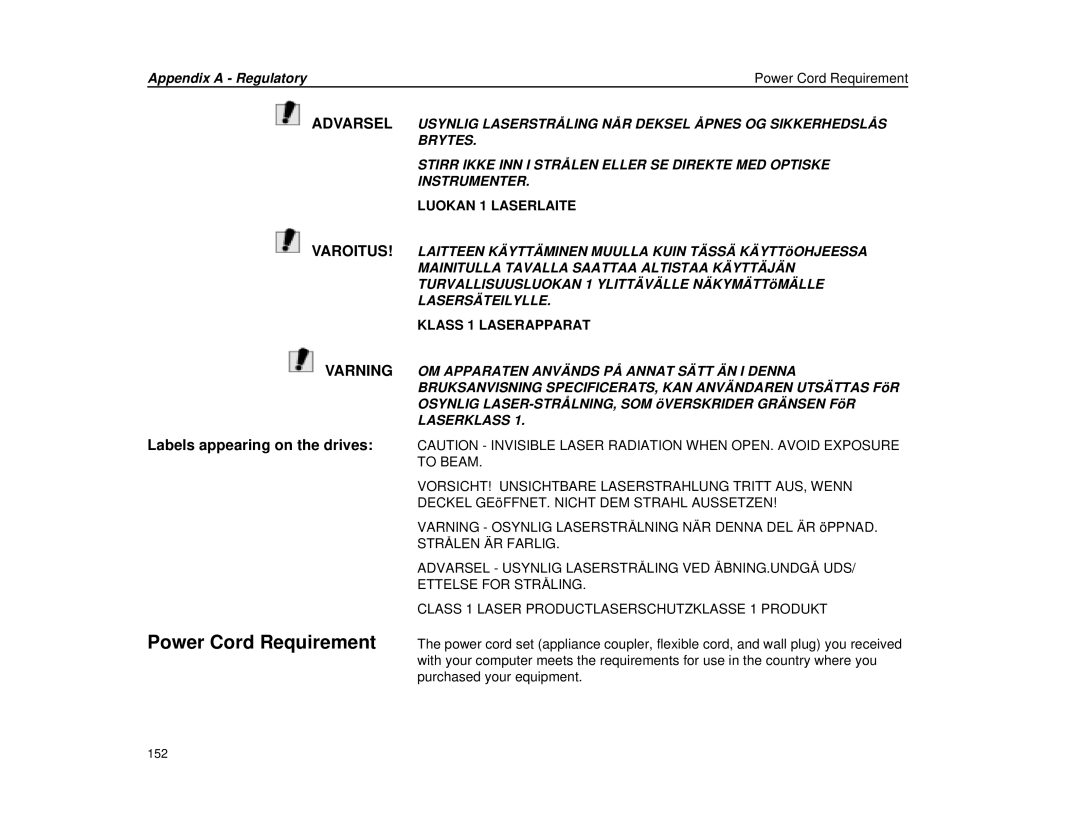 Micron Technology Transport LT warranty Appendix a Regulatory Power Cord Requirement 