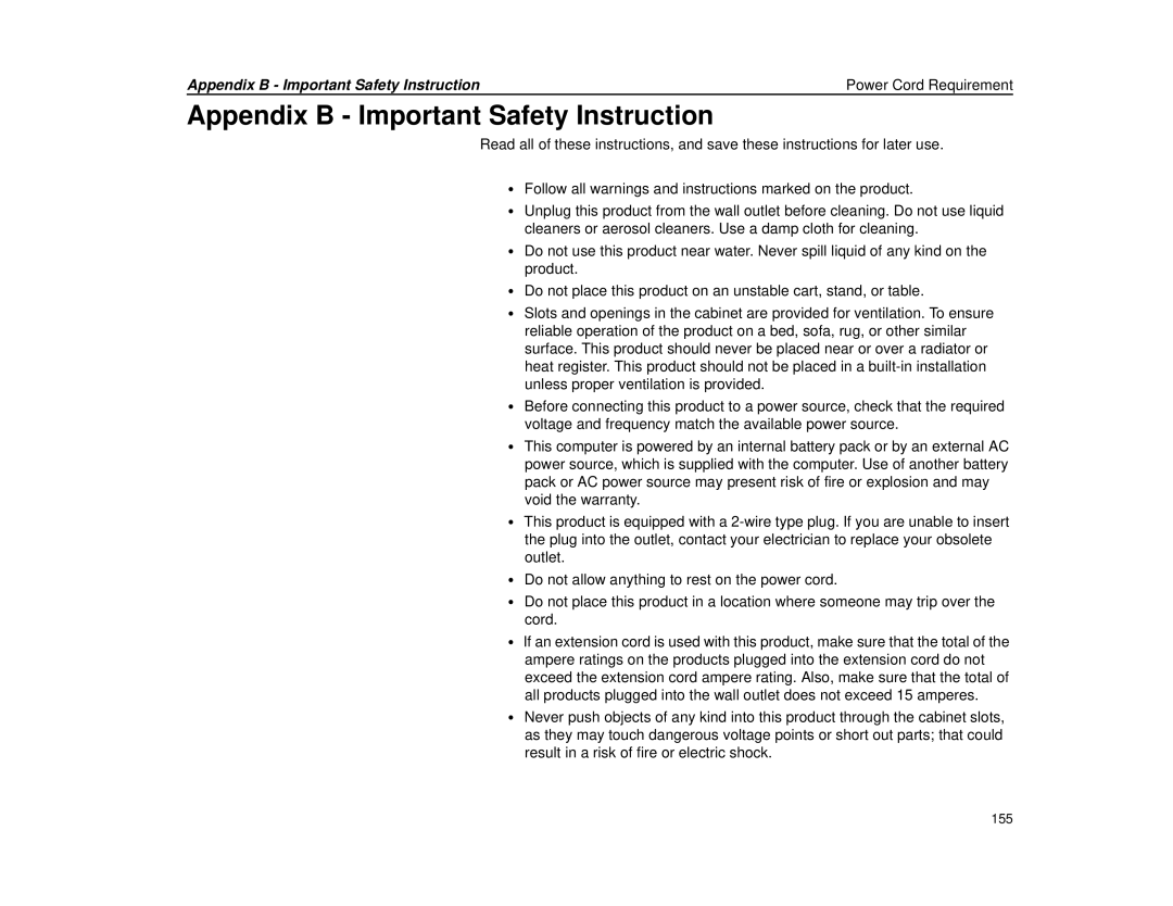 Micron Technology Transport LT warranty Appendix B Important Safety Instruction 