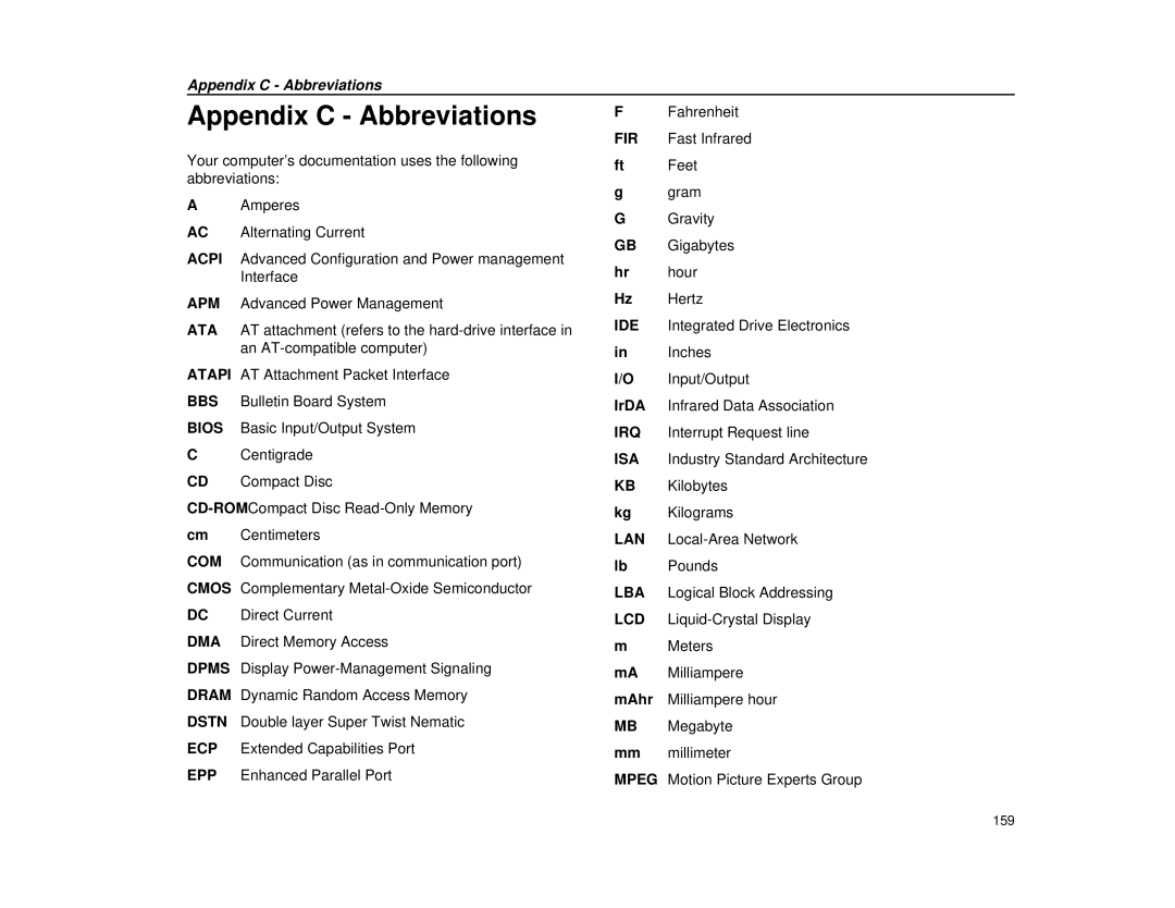 Micron Technology Transport LT warranty Appendix C Abbreviations, IrDA, MAhr Milliampere hour Megabyte 