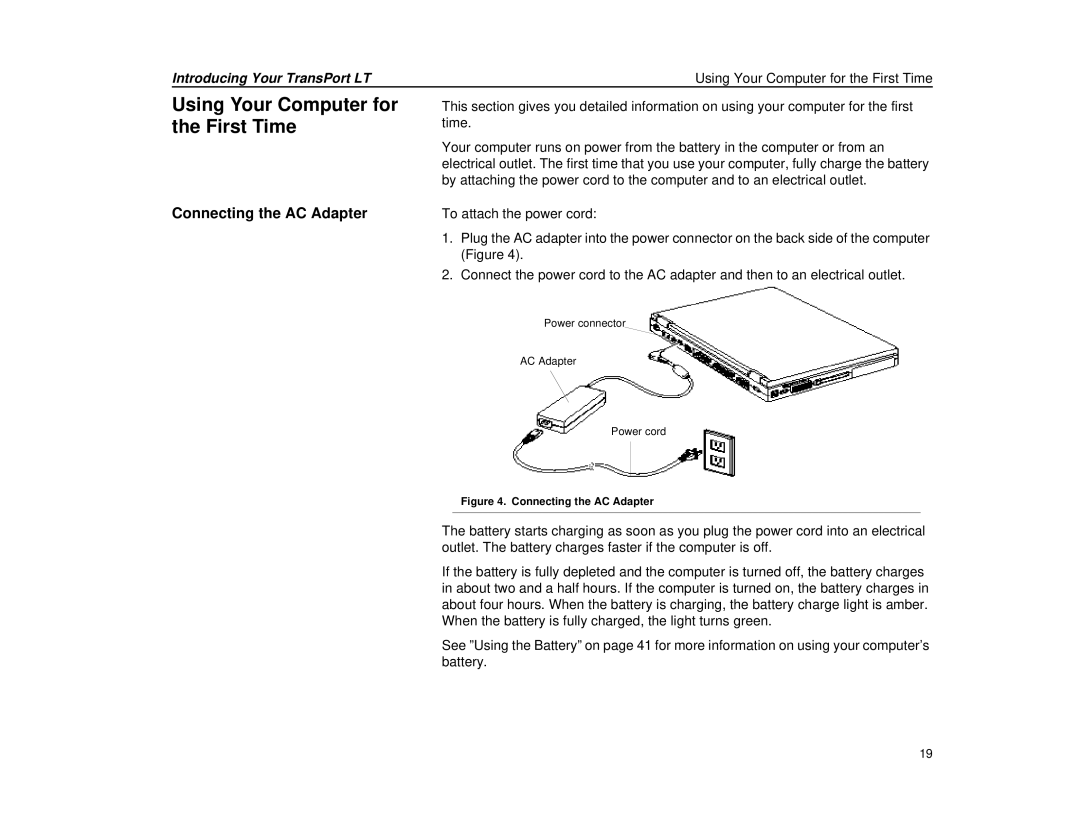 Micron Technology Transport LT warranty Using Your Computer for the First Time, Connecting the AC Adapter 