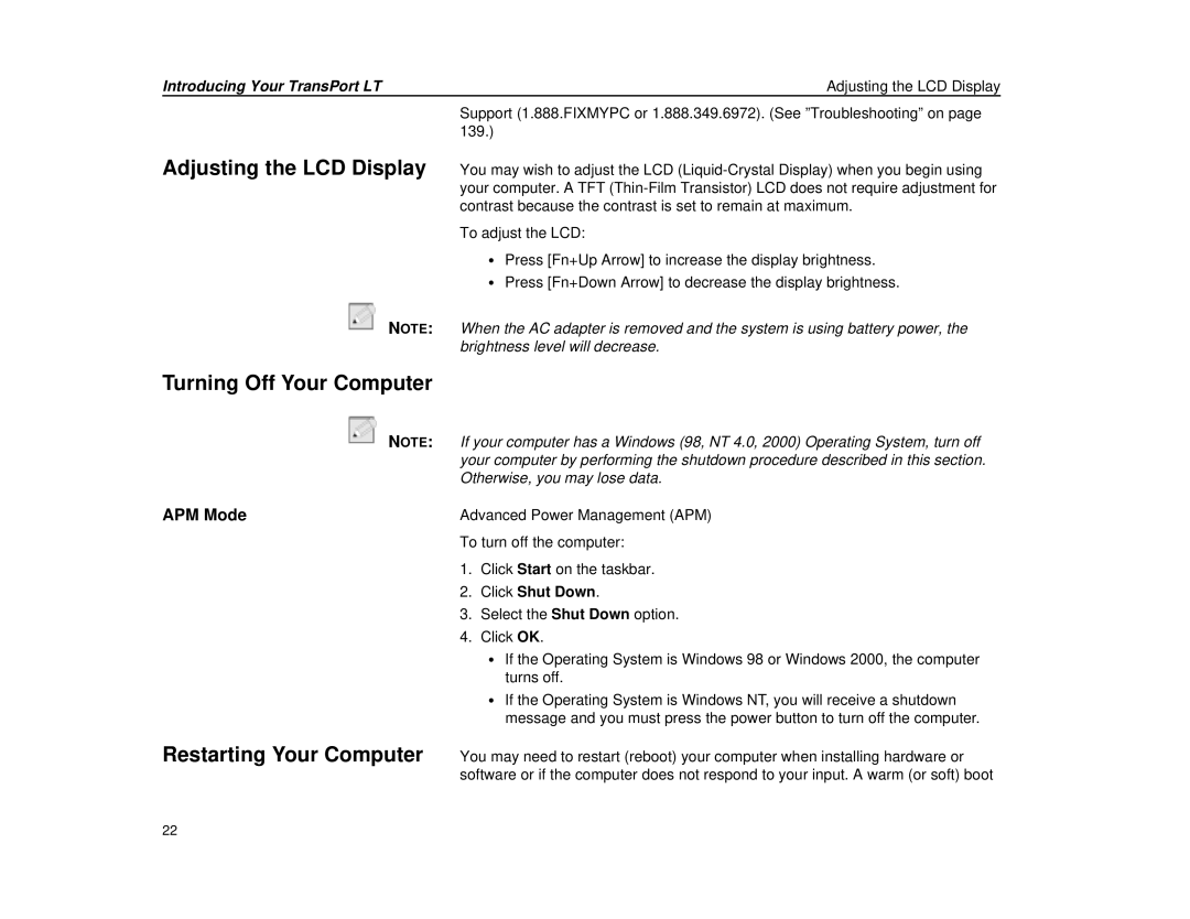Micron Technology Transport LT Adjusting the LCD Display, Turning Off Your Computer, Restarting Your Computer, APM Mode 