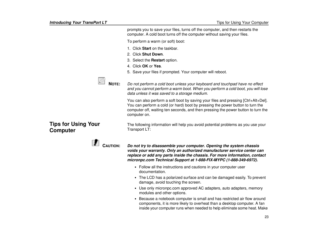 Micron Technology Transport LT warranty Introducing Your TransPort LT Tips for Using Your Computer, Click Shut Down 