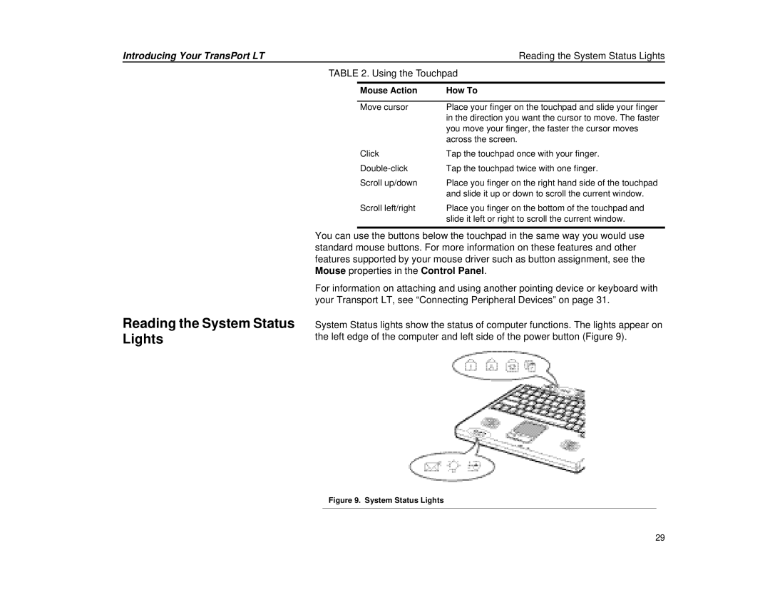 Micron Technology Transport LT warranty Reading the System Status Lights, Mouse Action How To 