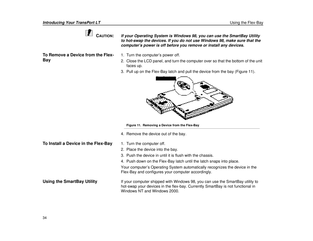 Micron Technology Transport LT warranty To Remove a Device from the Flex- Bay, To Install a Device in the Flex-Bay 