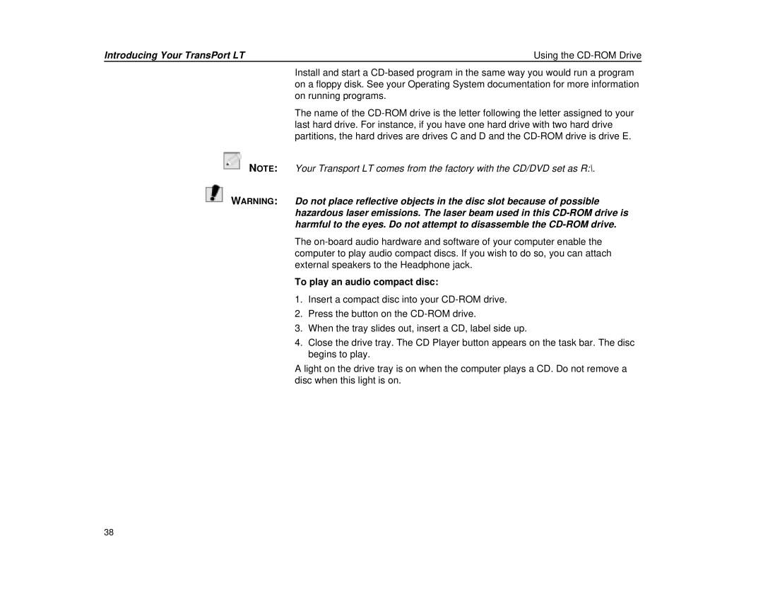 Micron Technology Transport LT warranty To play an audio compact disc 